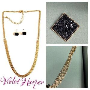 Isla Layered Necklace and black square Druzy Earrings Set gold plated . NEW